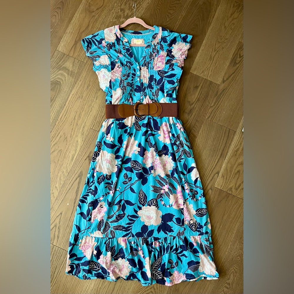 Anthropologie Blue and Pink Floral Maxi Dress